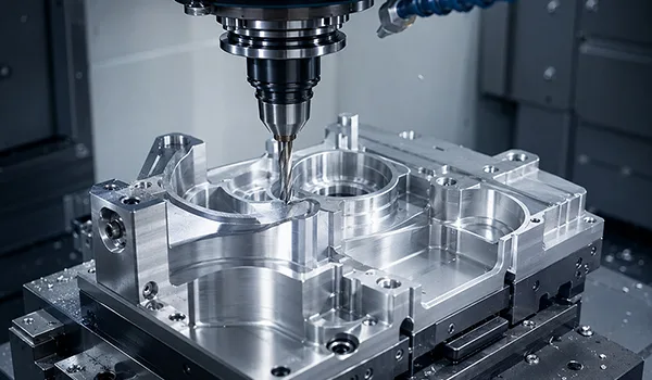 CNC-turned precision shaft and machined housing on a lathe