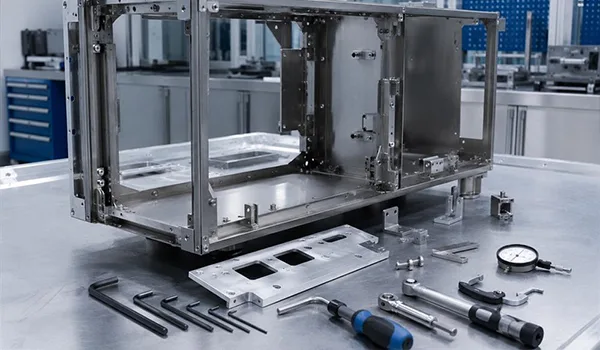 Welded sheet metal enclosure frame with assembly hardware