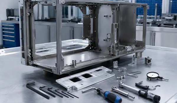 Sheet metal enclosure assembly with inspection tools and hardware