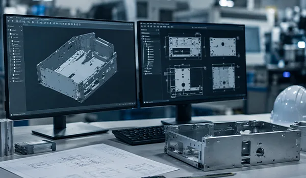 Engineer reviewing CAD drawings of a sheet metal enclosure on dual monitors