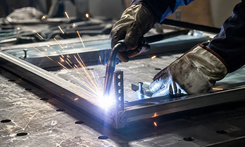 Manual MIG/MAG welding of a structural steel frame assembly