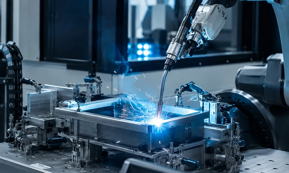 Automated soft welding cell joining a precision sheet metal enclosure