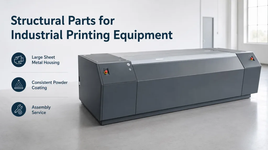 Structural parts for industrial printing equipment with a large sheet metal housing