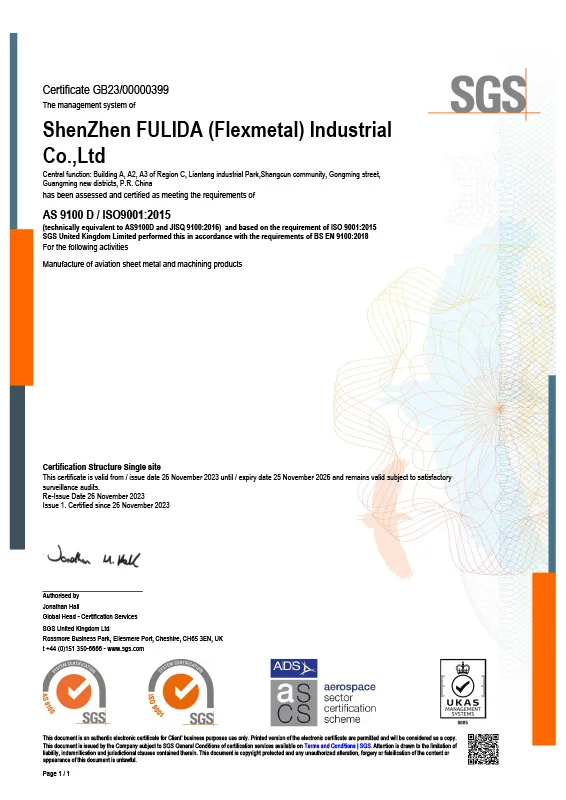AS9100D aerospace quality management certificate